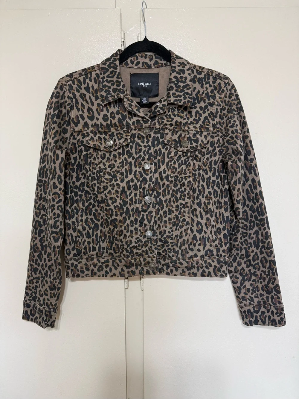 Nine West Jeans Leopard Print Denim Trucker Jacket Animal Print Size S